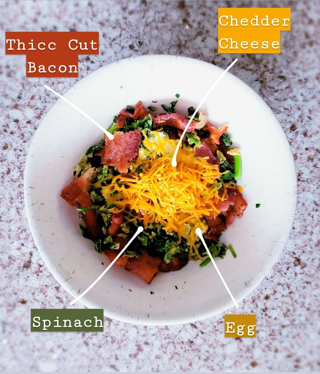 A white bowl and a granite top with Spinach, egg, thick cut bacon and cheddar cheese combined to make a breakfast bowl